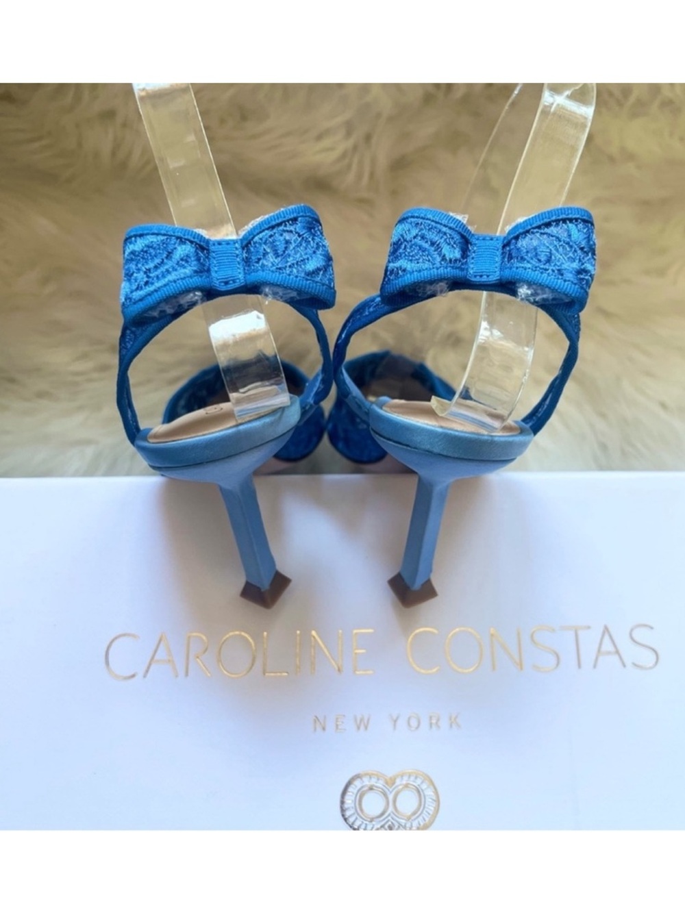 New! Caroline Constas Blue Lace Bow Slingback Pointed Toe Heels EU 37 Rare - Picture 8 of 10